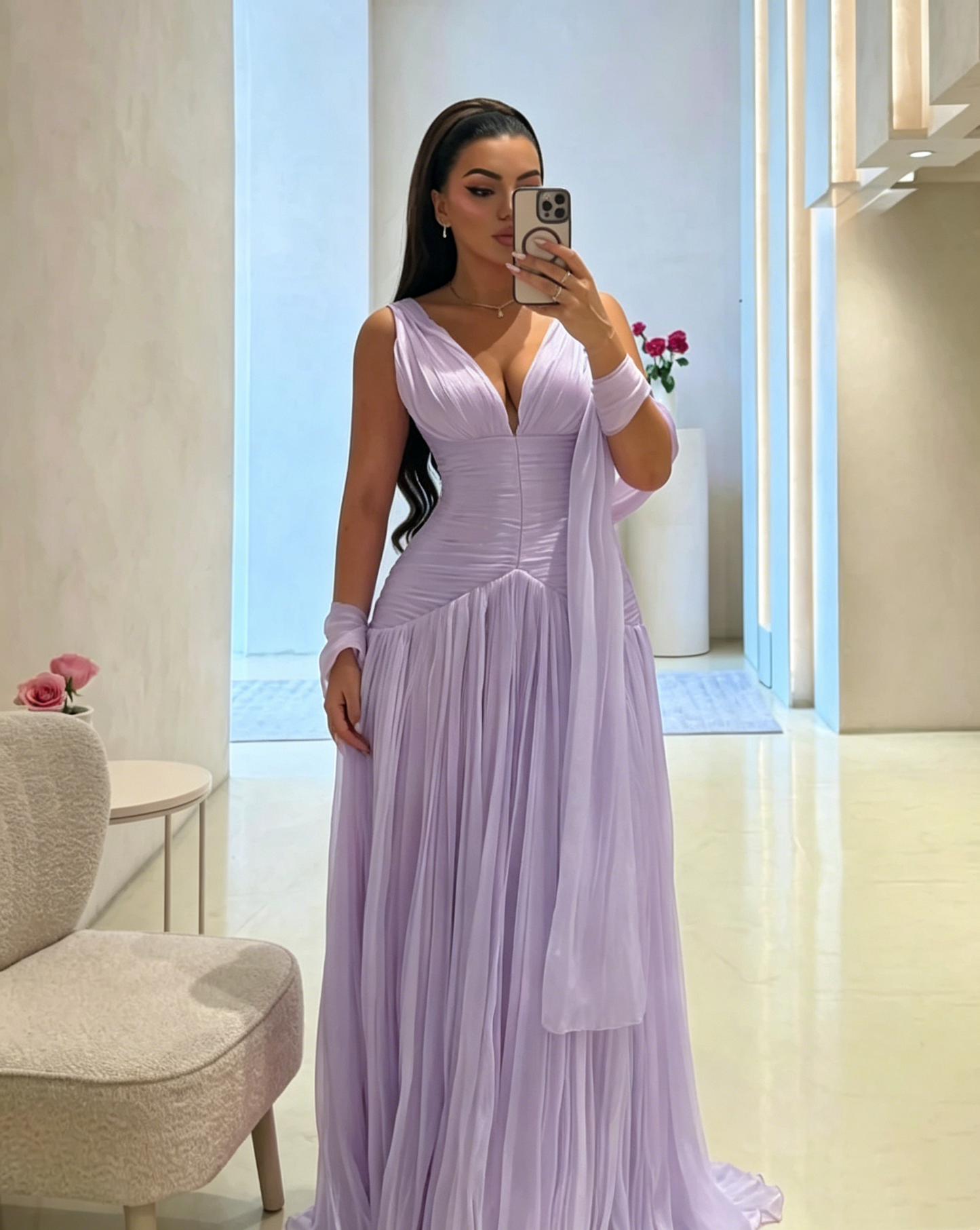 V Neck A Line Long Prom Dress Pink Wedding Guest Dress J8030