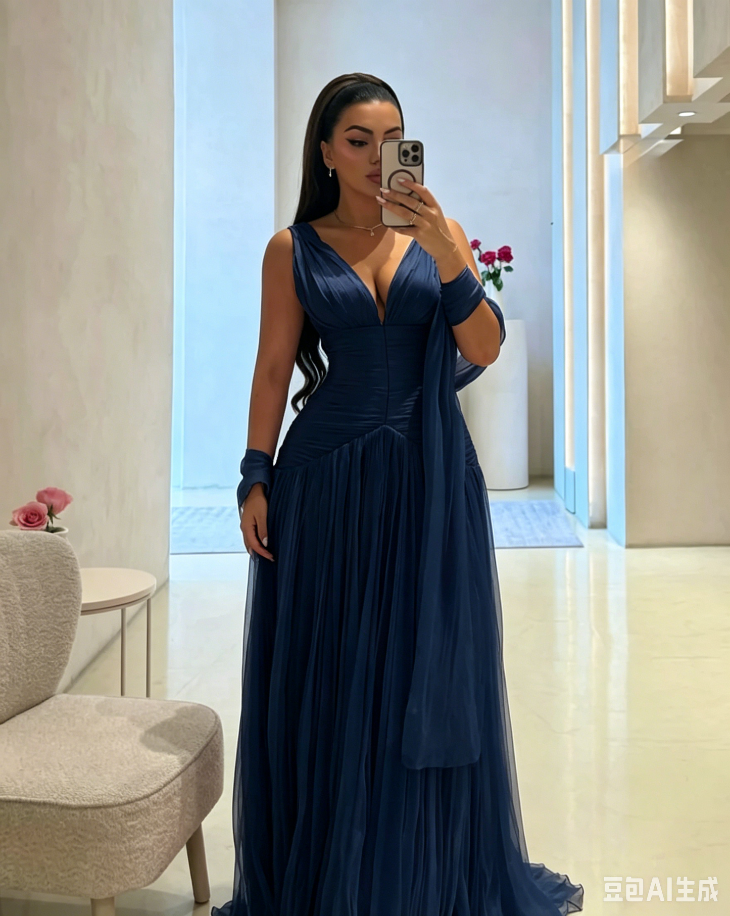 V Neck A Line Long Prom Dress Pink Wedding Guest Dress J8030