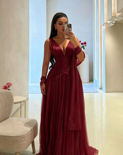V Neck A Line Long Prom Dress Pink Wedding Guest Dress J8030