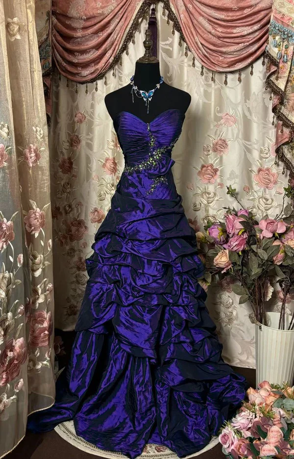 Robe de bal vintage en satin bleu chérie avec perles, robe de soirée formelle J8086
