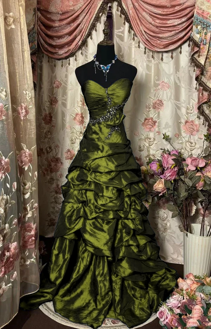 Robe de bal vintage en satin bleu chérie avec perles, robe de soirée formelle J8086