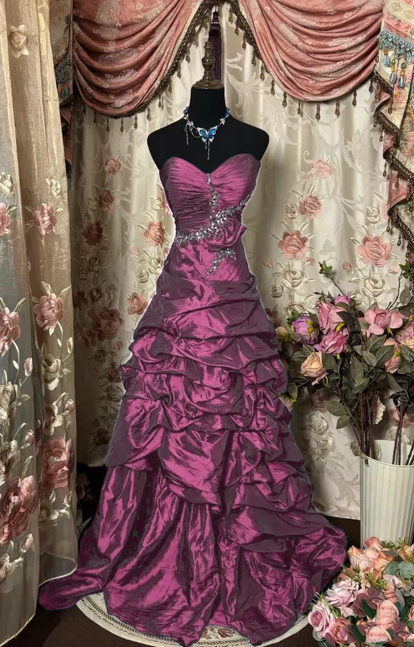 Robe de bal vintage en satin bleu chérie avec perles, robe de soirée formelle J8086