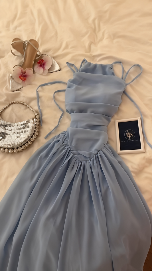 Robe de bal longue en mousseline de soie bleue coupe trapèze, tenue de soirée formelle J8110