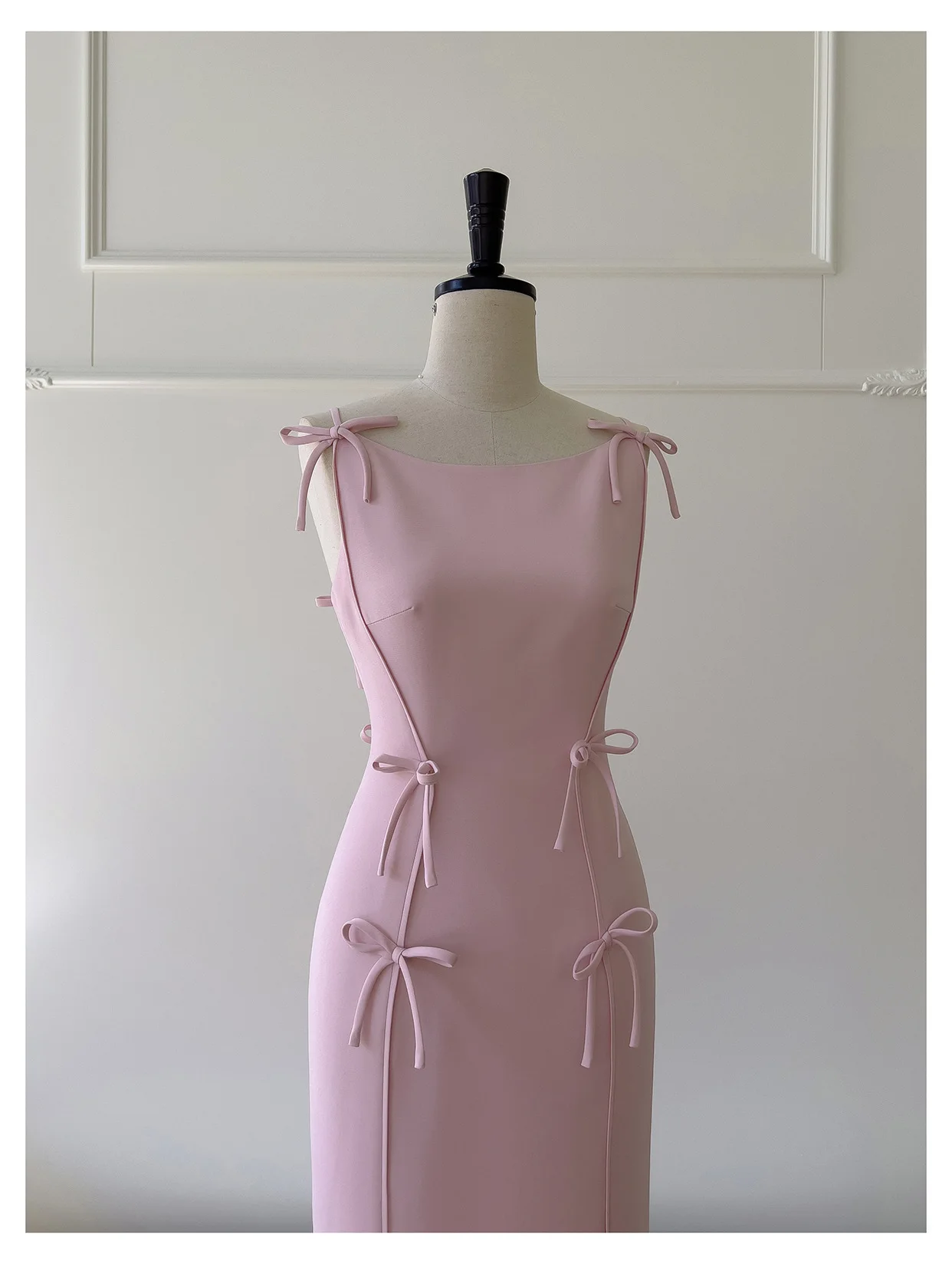 Robe de bal longue rose à bretelles spaghetti et nœud papillon, jolie tenue J8118