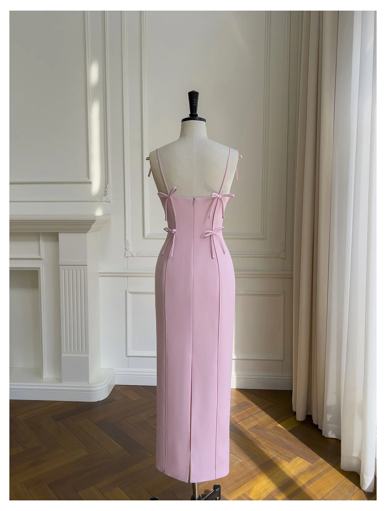 Robe de bal longue rose à bretelles spaghetti et nœud papillon, jolie tenue J8118