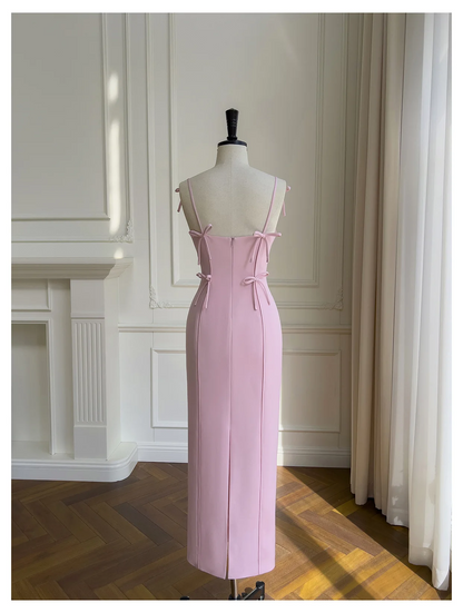 Robe de bal longue rose à bretelles spaghetti et nœud papillon, jolie tenue J8118