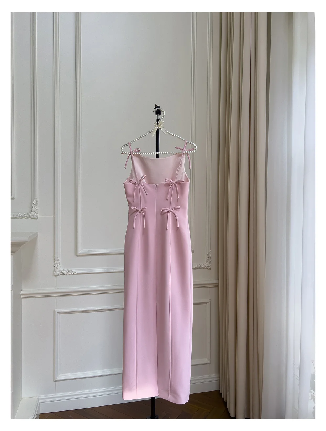 Robe de bal longue rose à bretelles spaghetti et nœud papillon, jolie tenue J8118