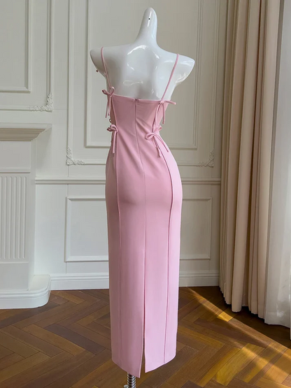 Robe de bal longue rose à bretelles spaghetti et nœud papillon, jolie tenue J8118