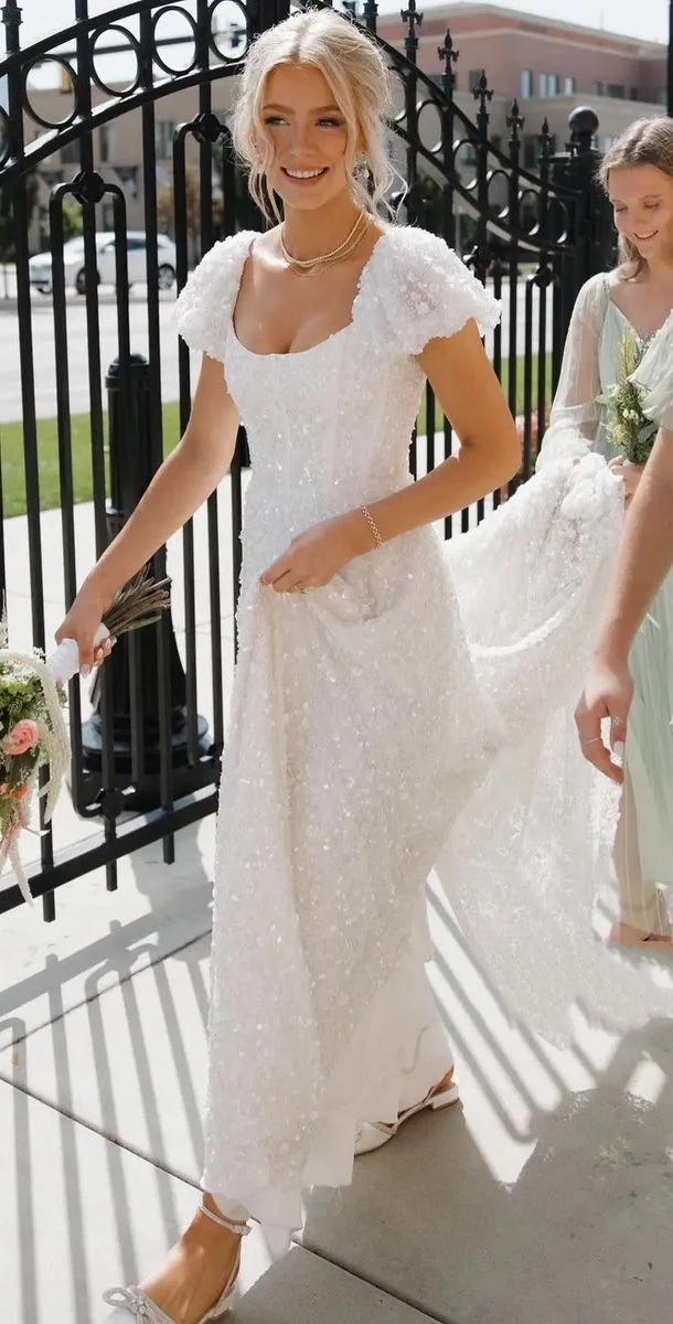 A Line White Sequin Wedding Dress Elegant Bridal Dress J8136