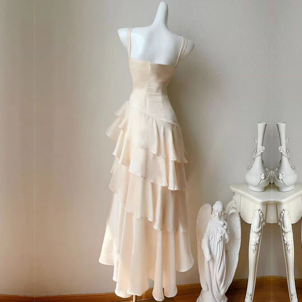 Ivory High Low Satin Straps Homecoming Dress Chic Prom Dress J8156