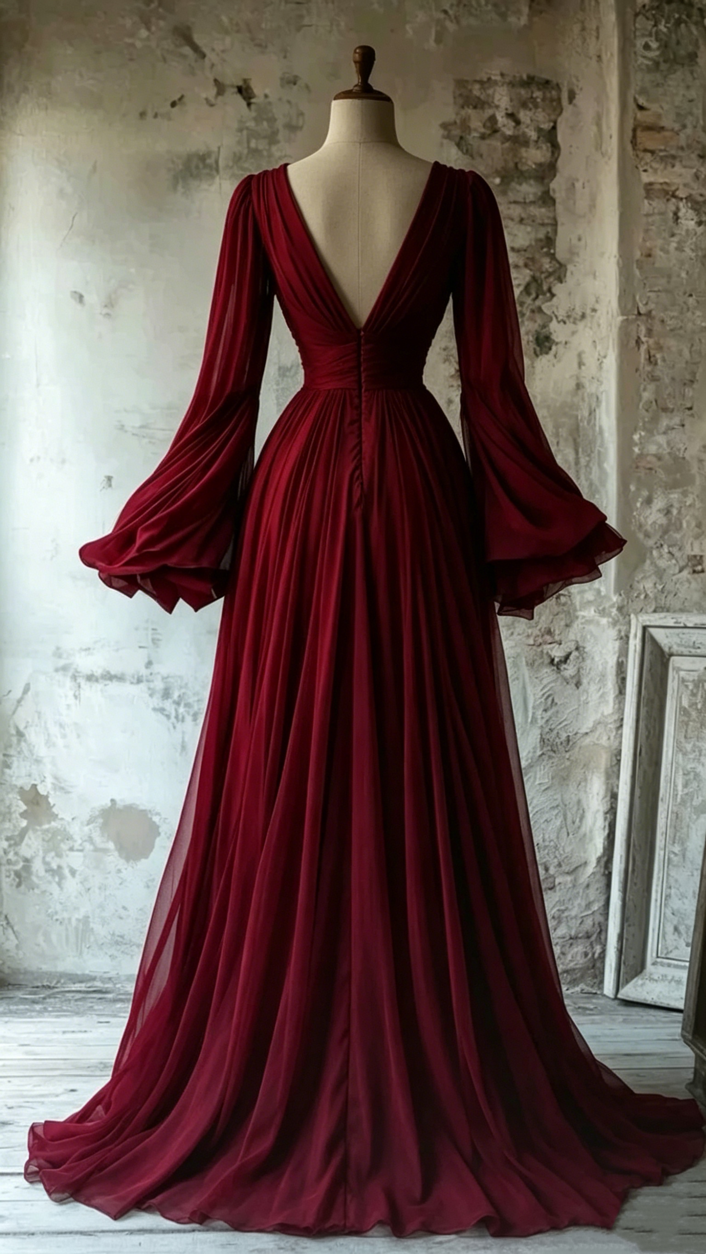 Schlichtes A-Linien-Kleid mit V-Ausschnitt in Burgunderrot mit Chiffon im Vintage-Stil, lange Abend- und Partykleider J8165