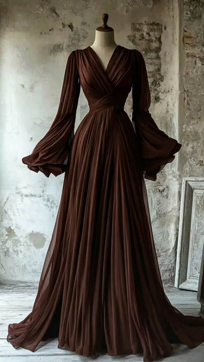 Schlichtes A-Linien-Kleid mit V-Ausschnitt in Burgunderrot mit Chiffon im Vintage-Stil, lange Abend- und Partykleider J8165