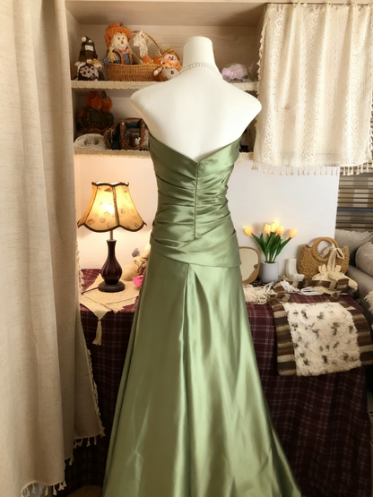 Strapless Green Satin Long Prom Dress Vintage Birthday Party Dress J8265