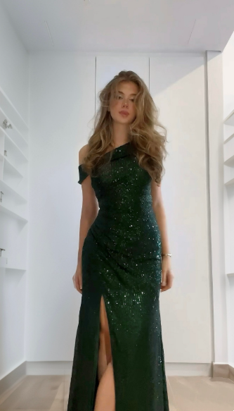 Robe de bal longue sirène vert émeraude, robe de soirée brillante avec fente J8289