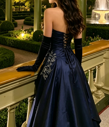 Strapless A Line Beaded Navy Blue Long Prom Dress J8316
