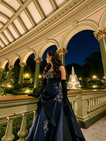 Strapless A Line Beaded Navy Blue Long Prom Dress J8316