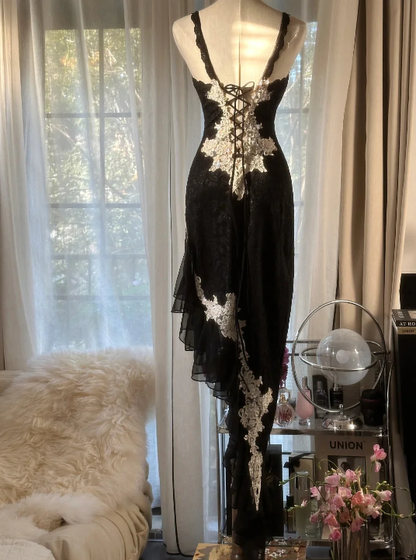 Black Lace Vintage Evening Dresses Ruffle Long Party Gowns J8327