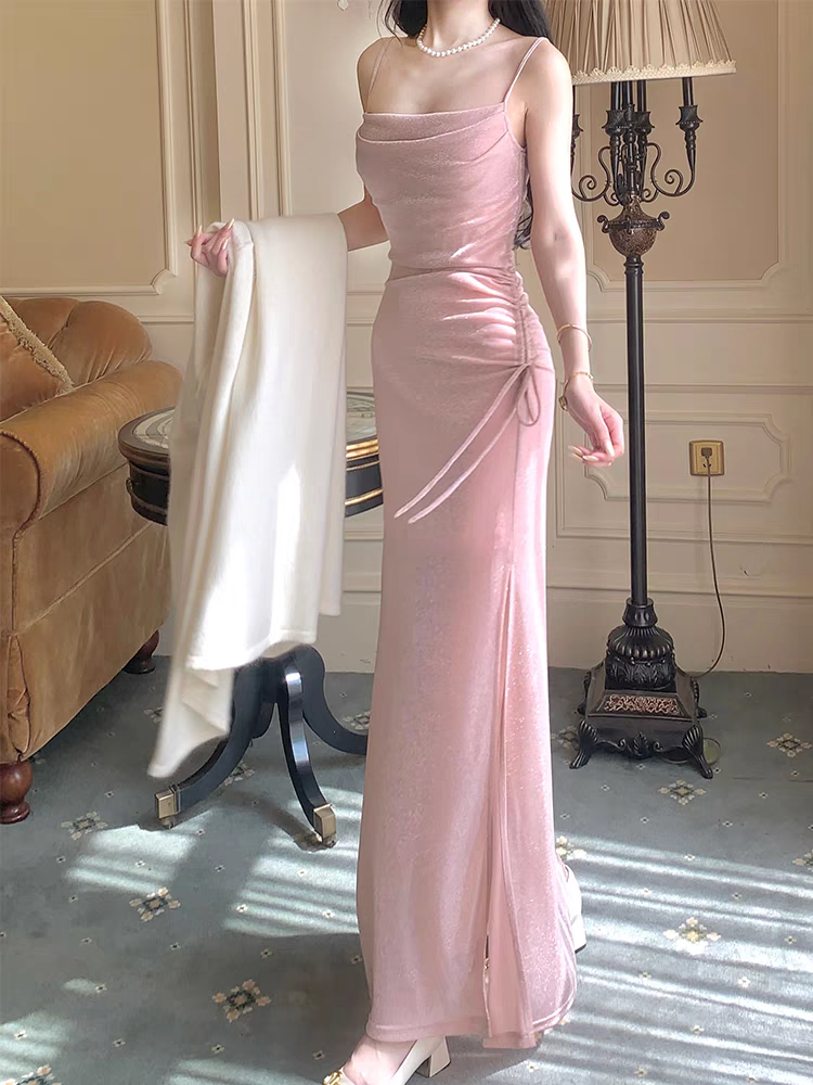 Robe de soirée moulante rose pailletée, longue, avec fente latérale, J8360