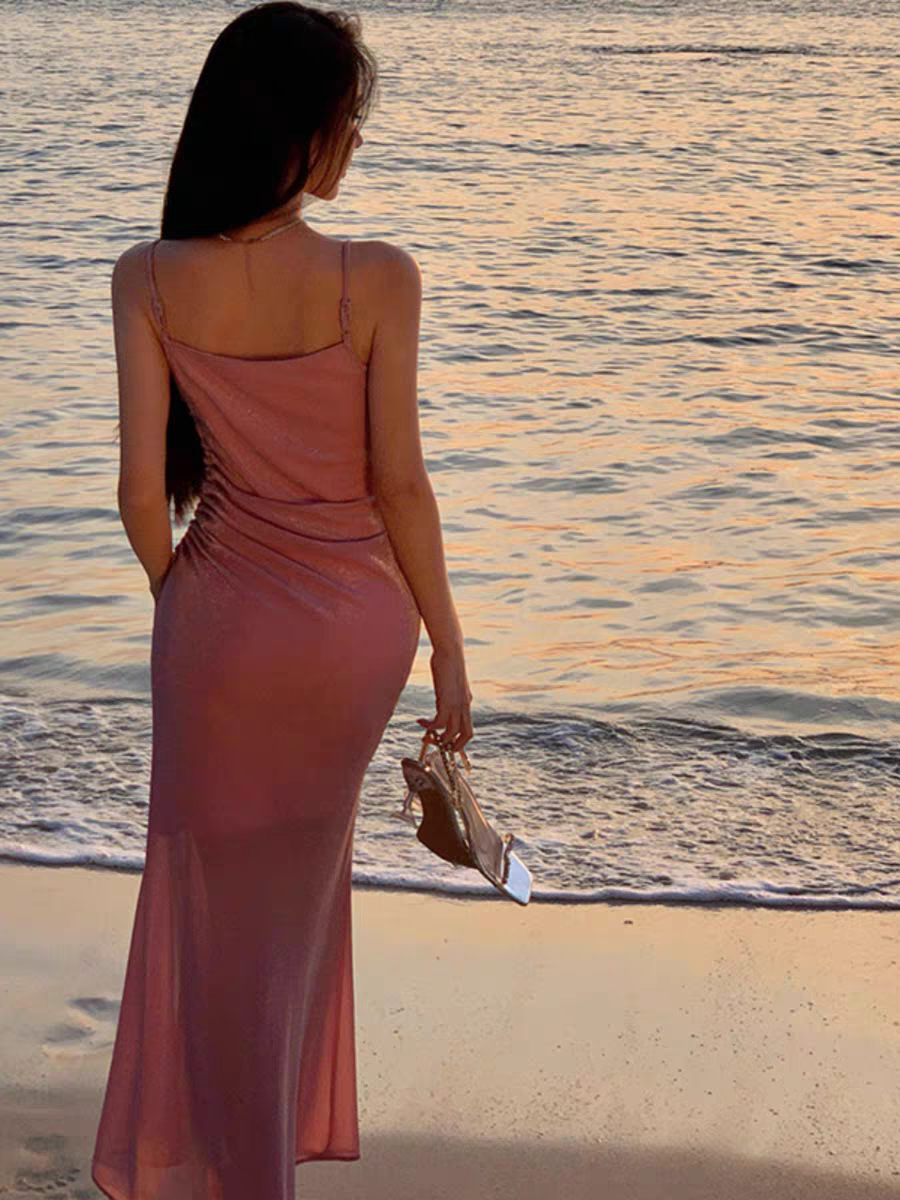 Robe de soirée moulante rose pailletée, longue, avec fente latérale, J8360