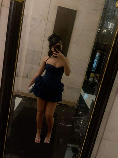 Trägerloses A-Linien-Satin-Heimkehrkleid, kurzes Geburtstagsoutfit J8467