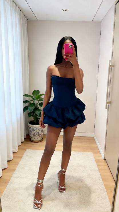 Trägerloses A-Linien-Satin-Heimkehrkleid, kurzes Geburtstagsoutfit J8467