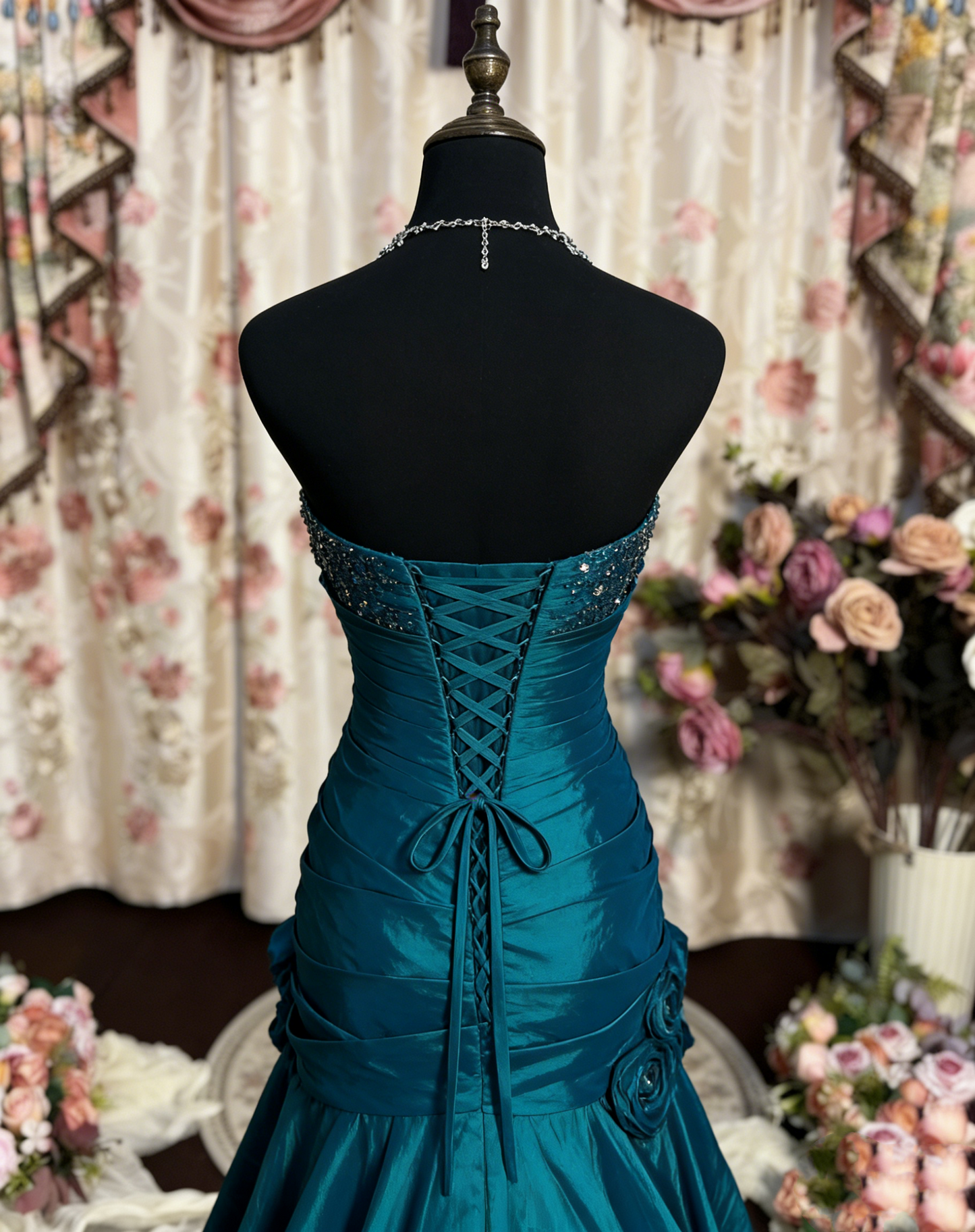 A-Line Sweetheart Long Prom Dresses With Flowers Vintage Evening Dress J8468