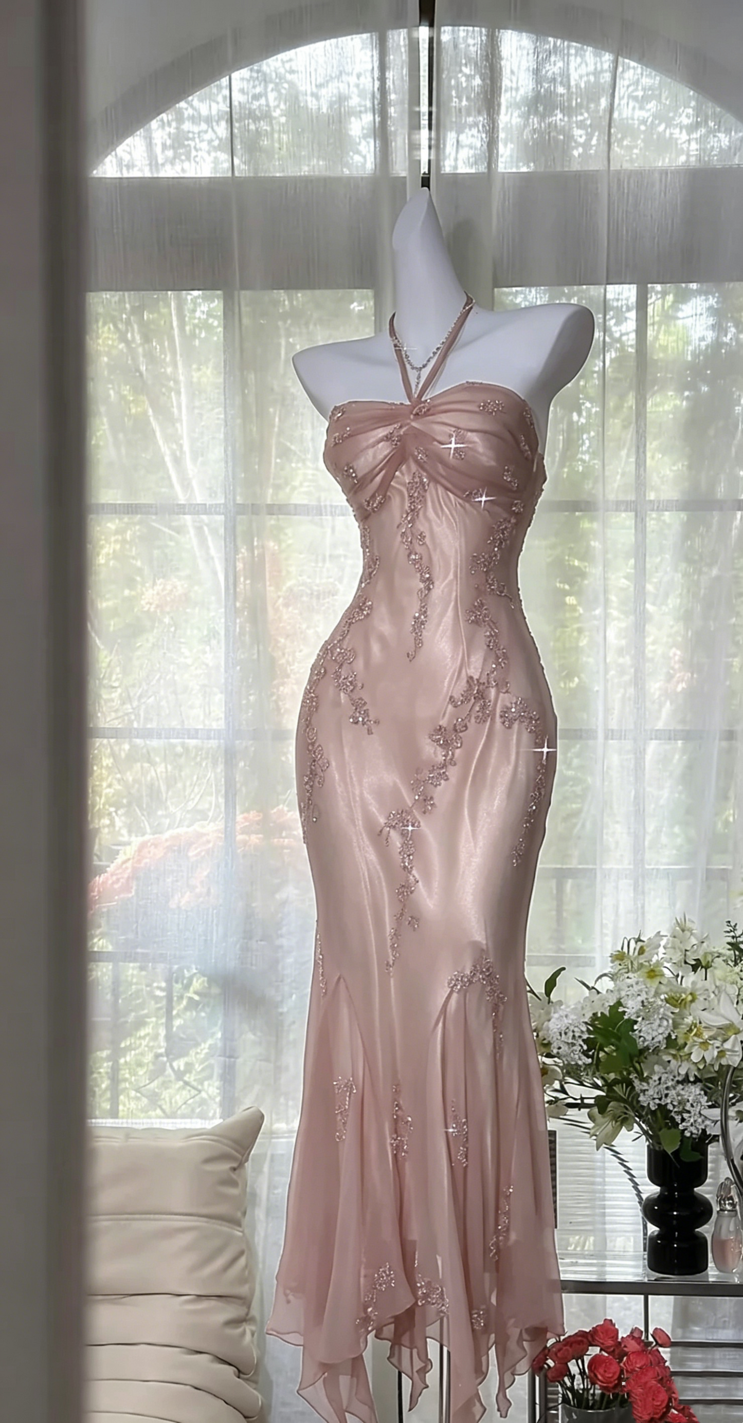 Halter Beaded Long Prom Dress Green Vintage Evening Dress J8597