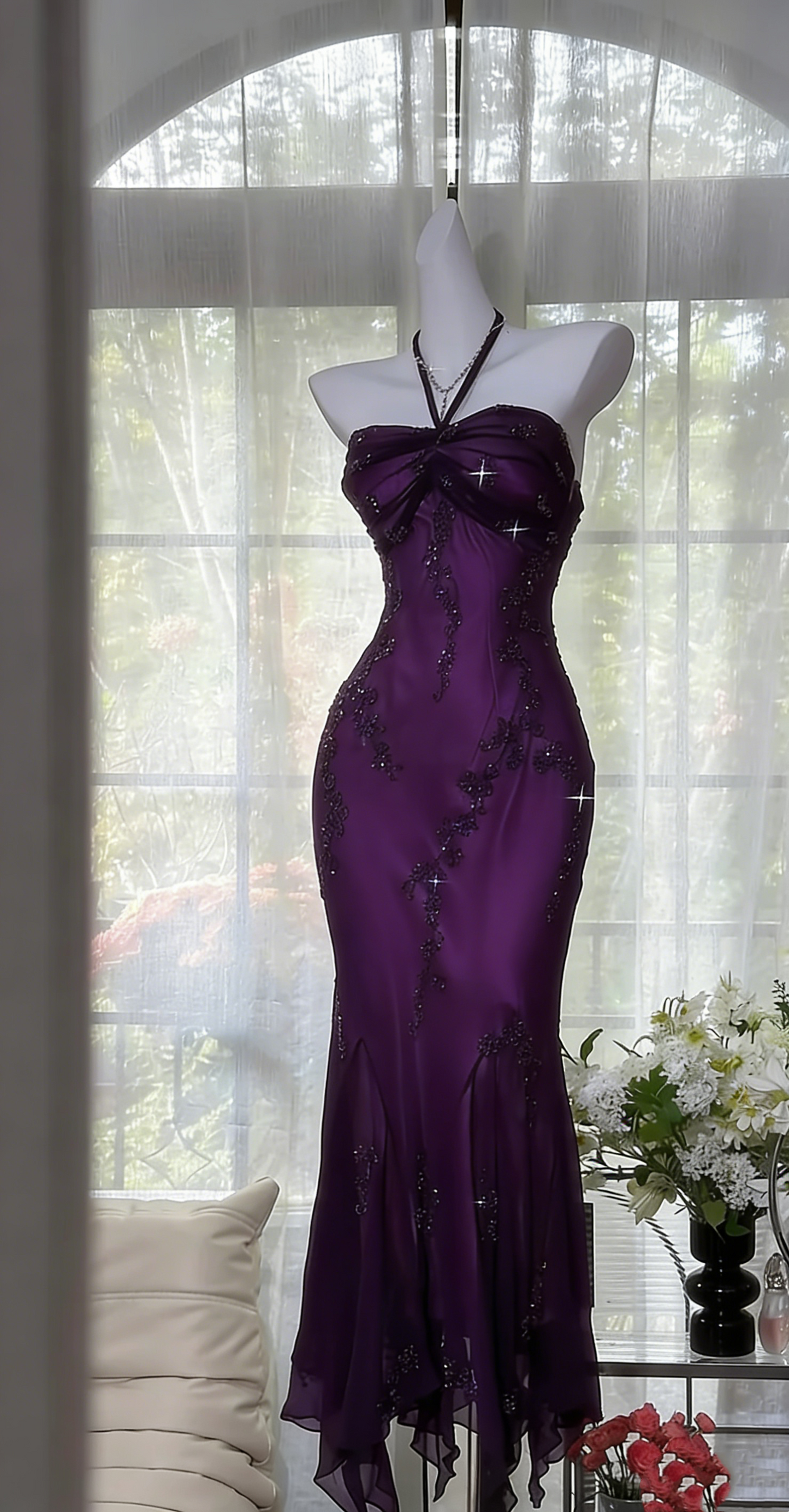Halter Beaded Long Prom Dress Green Vintage Evening Dress J8597