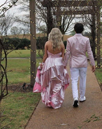 Robe de soirée longue plissée rose à col en V et dos nu J8655