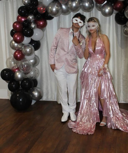 Robe de soirée longue plissée rose à col en V et dos nu J8655