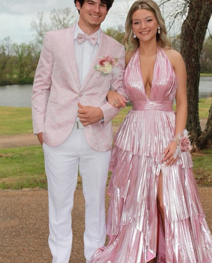 Robe de soirée longue plissée rose à col en V et dos nu J8655