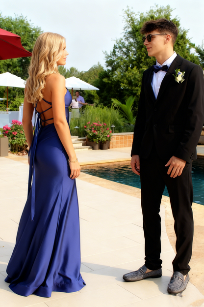 Robe de soirée longue sirène bleue fendue J8670