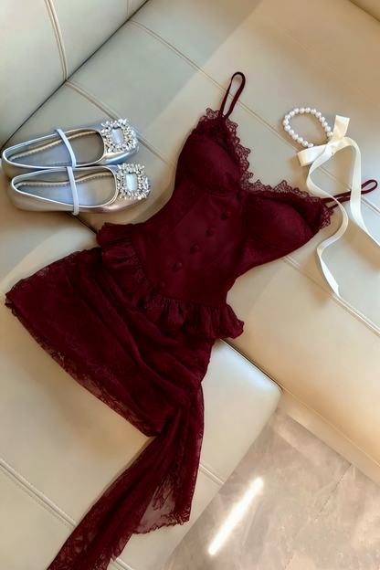Mini-robe corset rose en dentelle avec volants en dentelle, tenue d'anniversaire J8692
