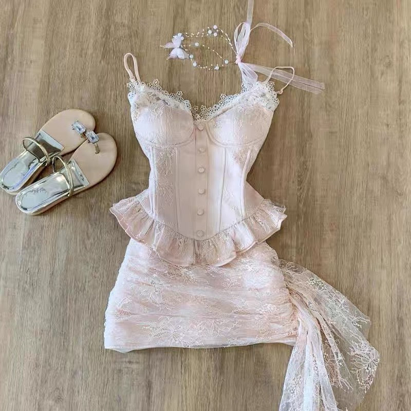 Mini-robe corset rose en dentelle avec volants en dentelle, tenue d'anniversaire J8692