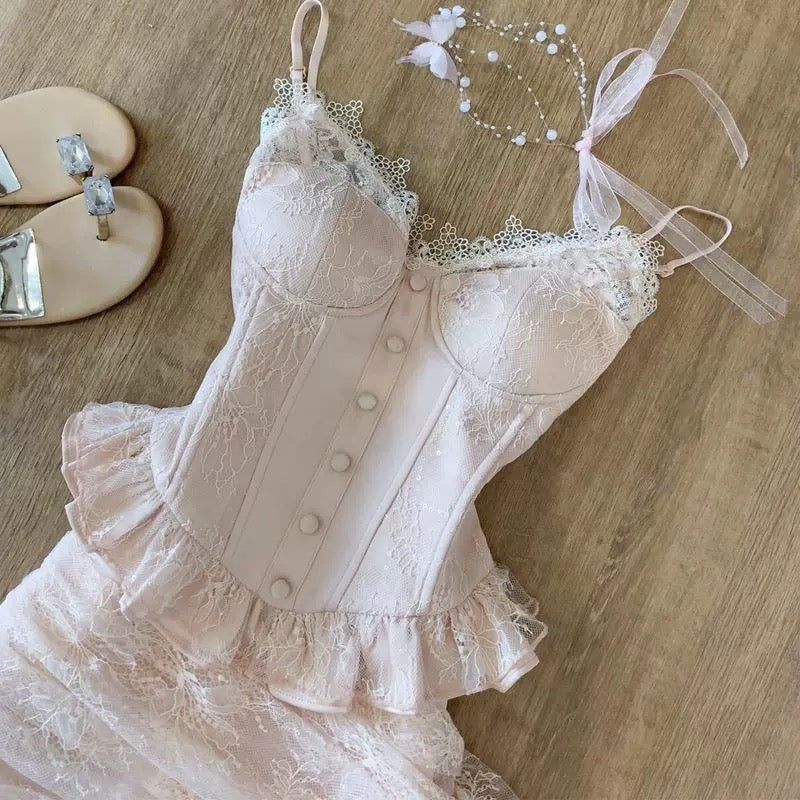 Mini-robe corset rose en dentelle avec volants en dentelle, tenue d'anniversaire J8692