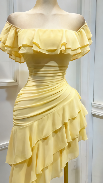 Robe de bal à volants en mousseline à épaules dénudées, robe de soirée superposée J8693