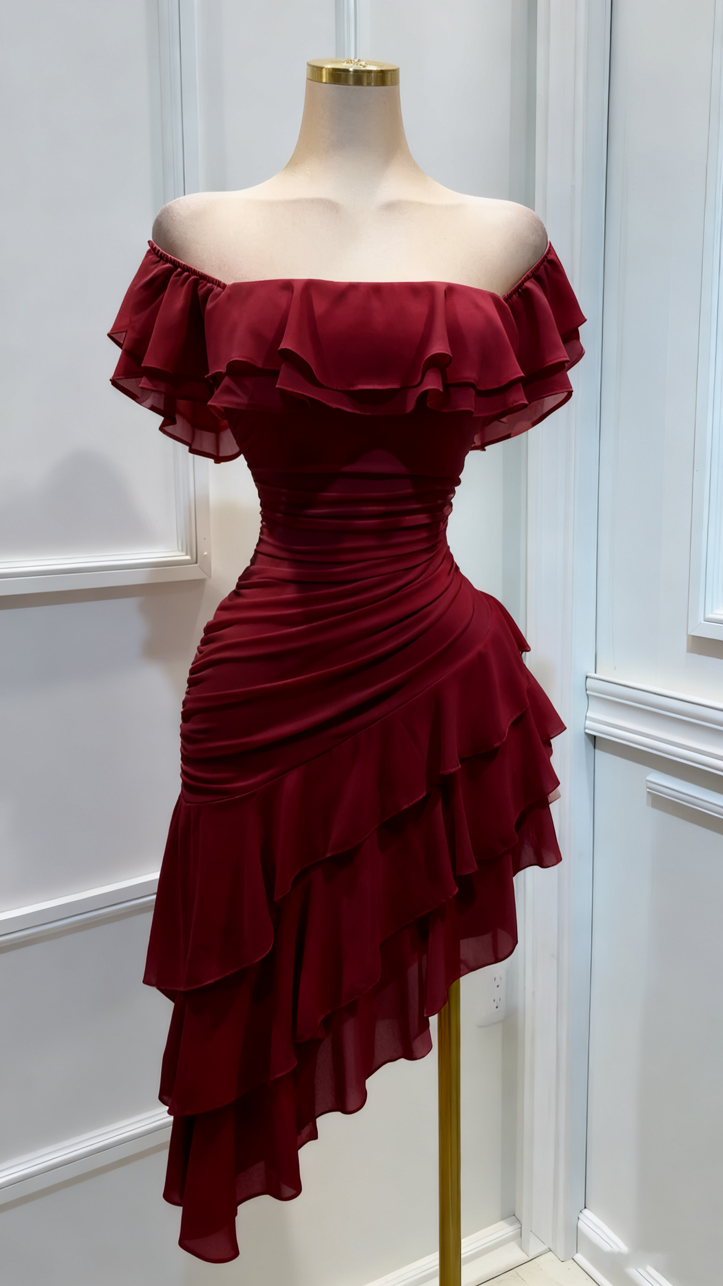 Robe de bal à volants en mousseline à épaules dénudées, robe de soirée superposée J8693