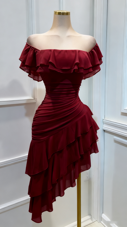 Robe de bal à volants en mousseline à épaules dénudées, robe de soirée superposée J8693