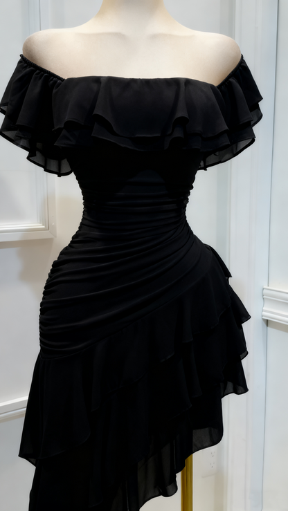 Robe de bal à volants en mousseline à épaules dénudées, robe de soirée superposée J8693