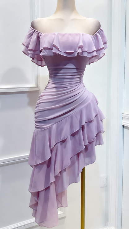 Robe de bal à volants en mousseline à épaules dénudées, robe de soirée superposée J8693