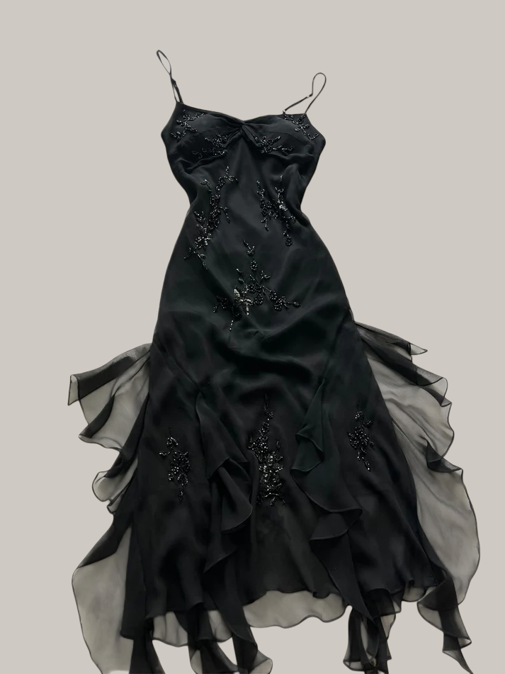 Robe de bal noire trapèze à perles, robe de soirée formelle vintage J8696