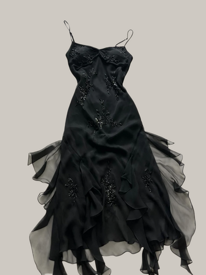 Robe de bal noire trapèze à perles, robe de soirée formelle vintage J8696