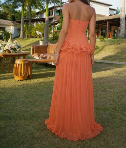 Strapless A Line Orange Long Prom Dress Wedding Guest Dress J8719