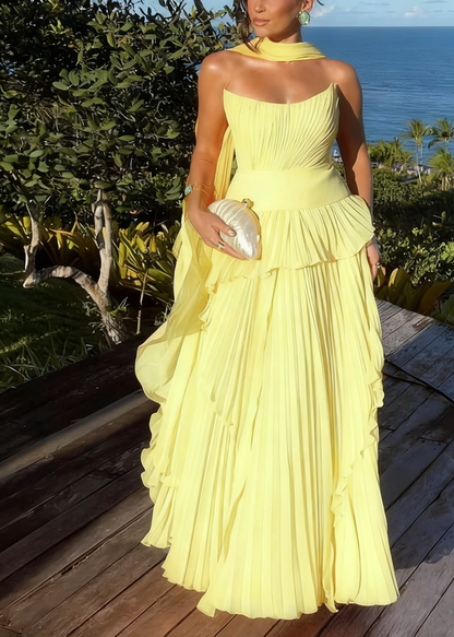 A Line Orange Pleated Long Prom Dress Wedding Guest Dress J8721