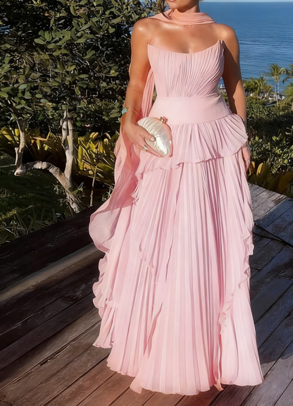 A Line Orange Pleated Long Prom Dress Wedding Guest Dress J8721