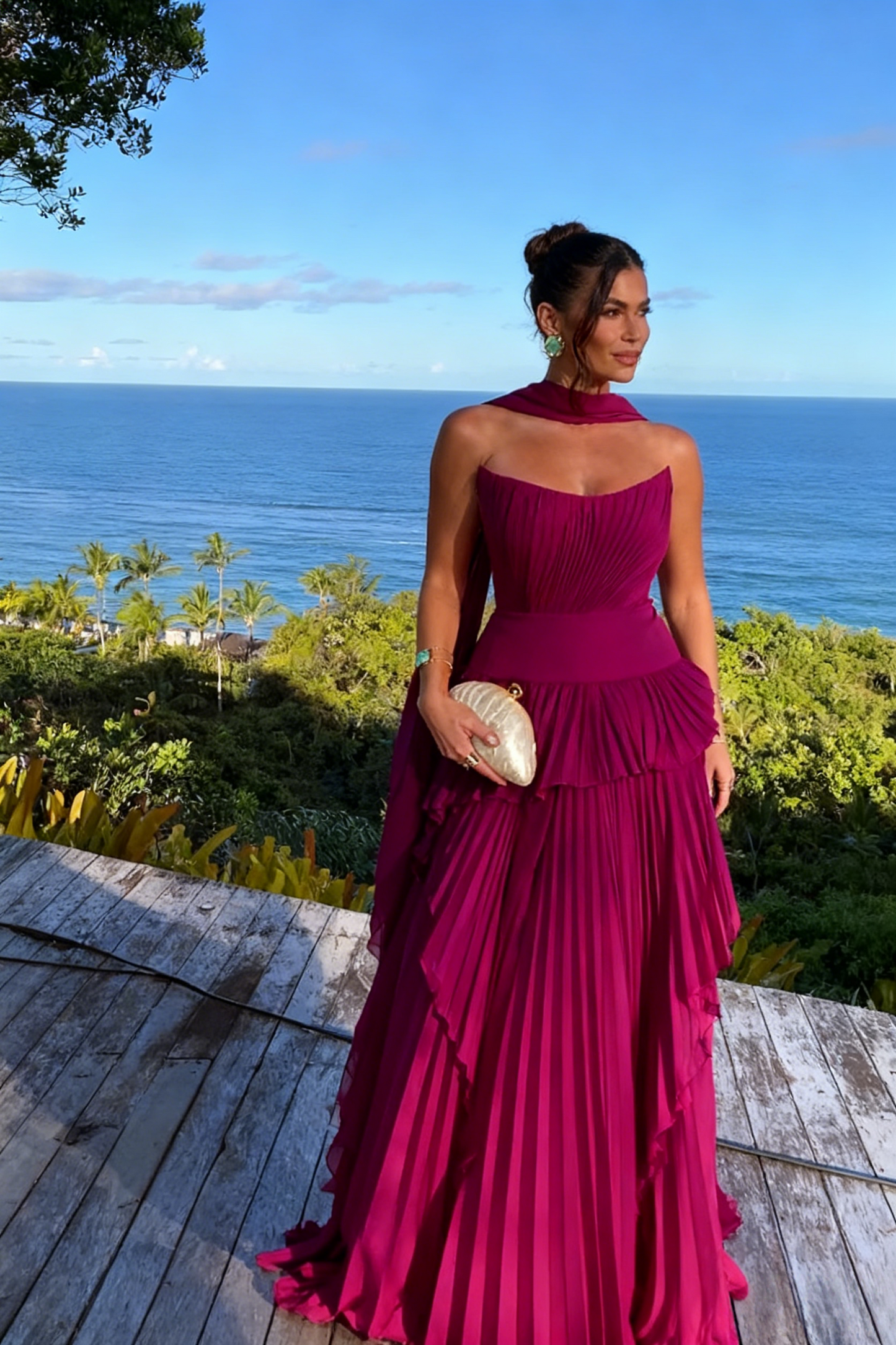 A Line Orange Pleated Long Prom Dress Wedding Guest Dress J8721