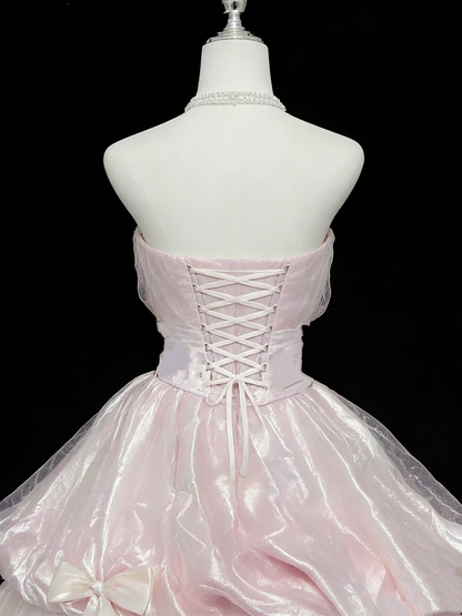 Robe de bal longue bustier rose à volants pour 15 ans J8808