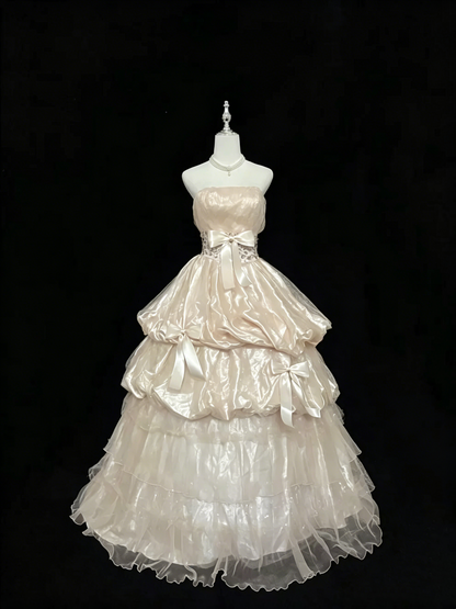 Robe de bal longue bustier rose à volants pour 15 ans J8808