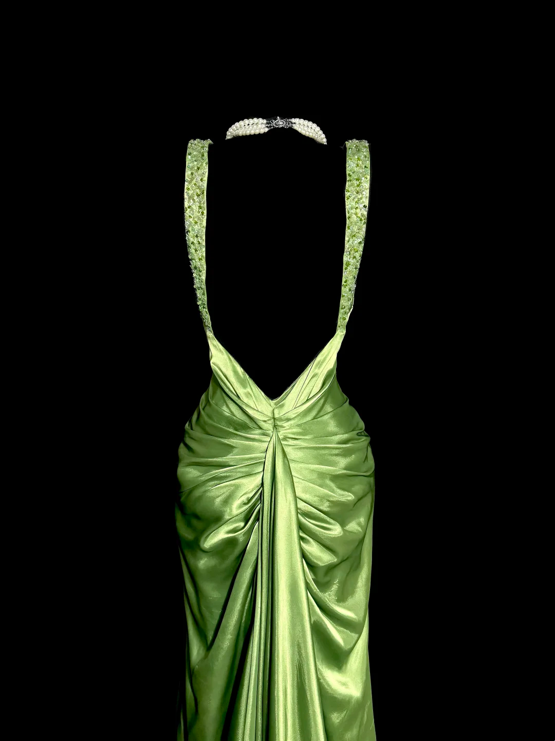 Backless Green Satin Long Prom Dress Beaded Evening Party Dress J8929