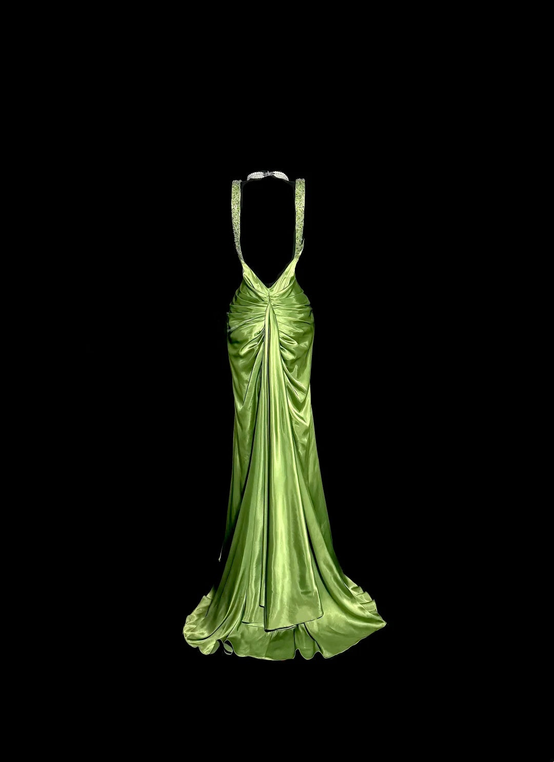 Backless Green Satin Long Prom Dress Beaded Evening Party Dress J8929